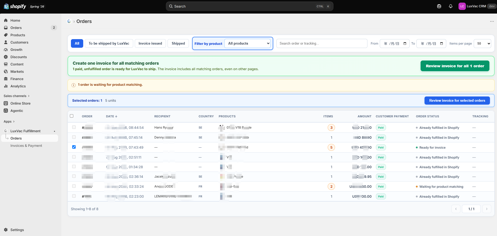 LuxVac Fulfillment orders inside Shopify